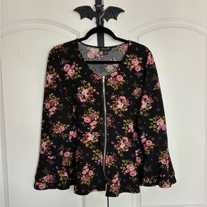 Goth Black & Floral Zipper Front Comfortable Material Bell Sleeve Cuff 2X-3X